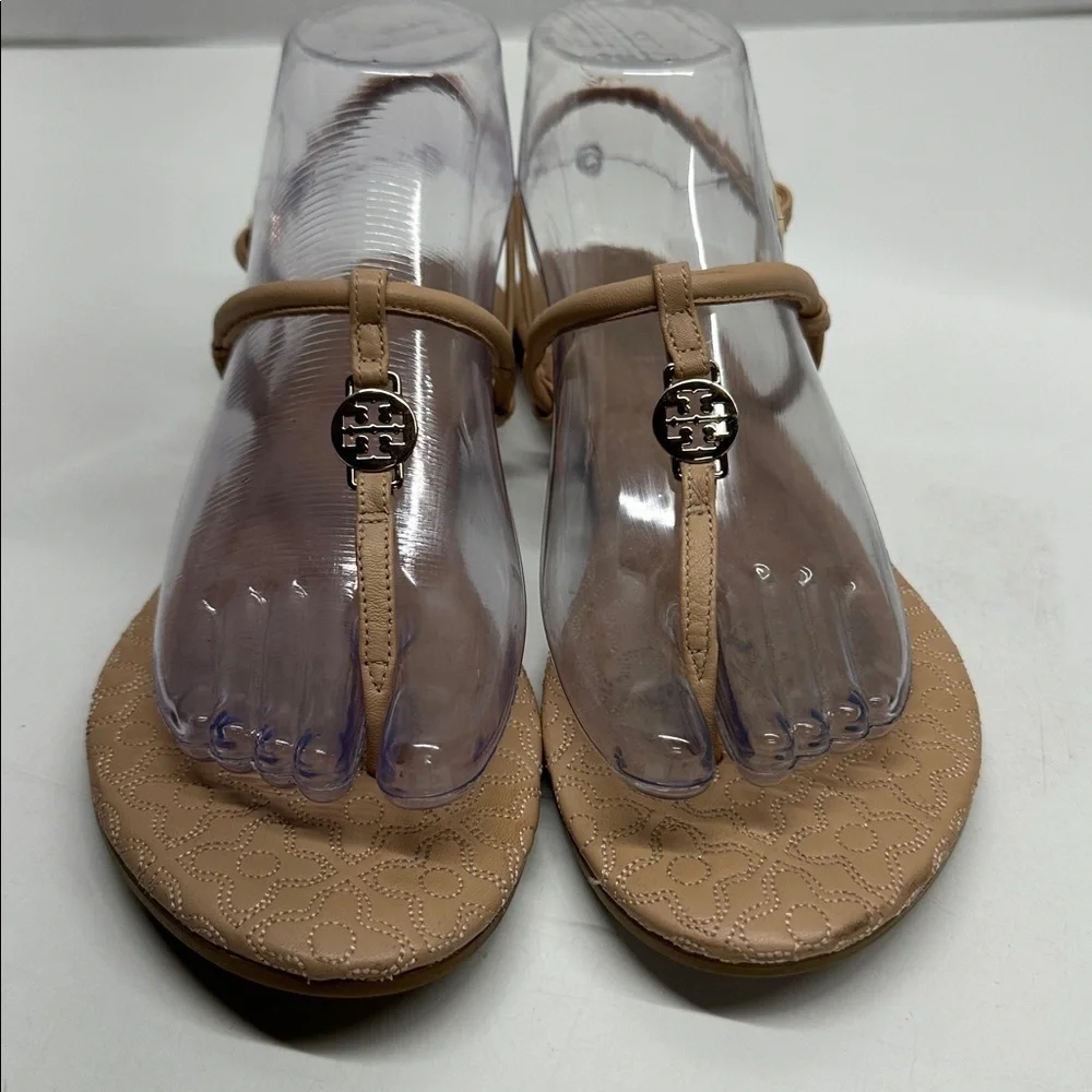 Tory Burch Marion Sandals Quilted Leather T Strap Logo Shoes Tan Gold Size 6.5